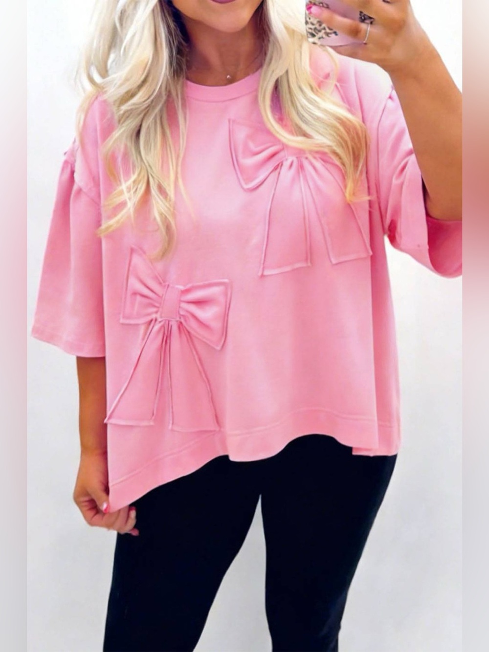 Solid Color Raw Edge Bow Patch Loose T Shirt